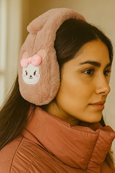 CAŞ DEKORASYON سماعة رأس من القطيفة على شكل دمية دب باللون الوردي