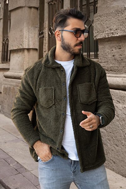 BİRBEYSTORE Plush Cardigan Unisex Model with Pockets Comfortable Fit Mock Neck Khaki