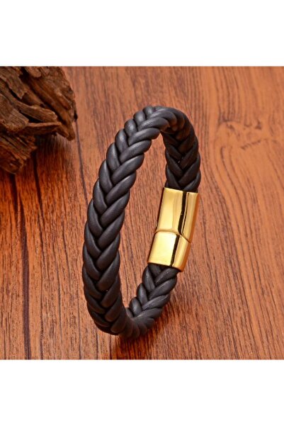 voyageaccessory Stylish Model Men's Braided Leather Bracelet with Magnetic Steel Lock, Available in Brown & Black Colors