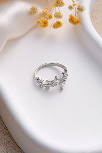 ESSARE 925 Ayar Ayarlanabilir Zirkon Taşlı Rodyumlu Zeytin Dalı Gümüş Yüzük