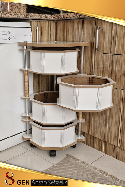 Bundeba 4 Katlı Beyaz Ahşap Sebzelik 8G Portatif Yana Açılır Tekerlekli Meyve Bakliyat Patates Soğan Sepeti