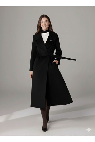 beeke Women's Black Long Cashmere Wool Coat Belted Pocket Detail Winter Coat ...