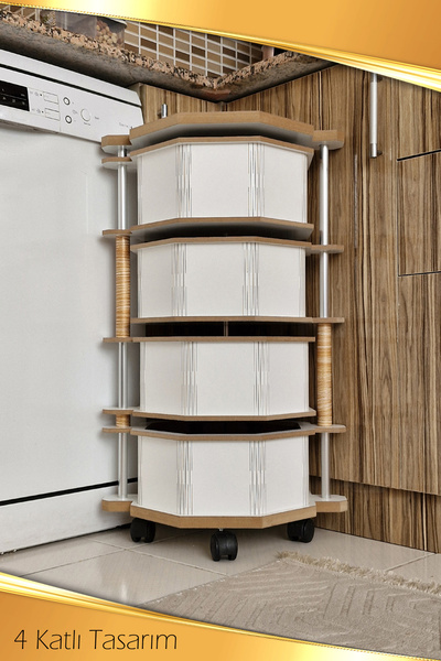 Bundeba 4 Katlı Beyaz Ahşap Sebzelik 8G Portatif Yana Açılır Tekerlekli Meyve Bakliyat Patates Soğan Sepeti