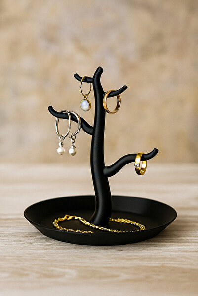Atsutech Modern Tree Design Jewelry Stand - Black Minimalist Ring Earring Hanger and Necklace Tray