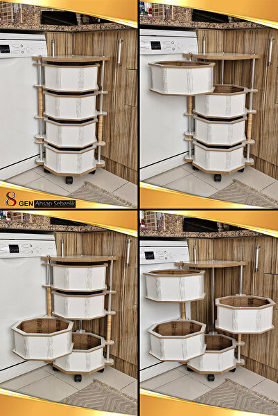 Bundeba 4 Katlı Beyaz Ahşap Sebzelik 8G Portatif Yana Açılır Tekerlekli Meyve Bakliyat Patates Soğan Sepeti