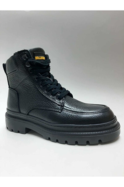 Bulldozer Genuine Leather Lace-Up Zippered Black Color Non-Slip Light Sole Winter Men's Boots