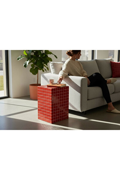 Aurelya Kırmızı Mozaik Yan Sehpa – El Yapımı Modern Tasarım (45x26 cm)