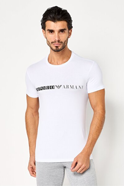 Emporio Armani Men Crew Neck Brand Logo Short Sleeve Sleepwear T-Shirt, White