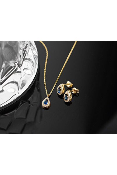 Famira 925 Ayar Gümüş Eylül Ayı Doğum Taşı ( Sapphire ) Kolye - Küpe Seti