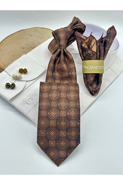 Gutiero Light Brown Patterned Classic Tie with Handkerchief