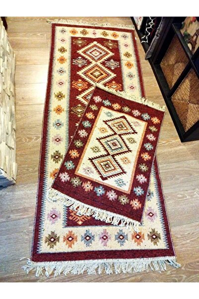 OEM 1+1 Traditional Woven Rugs, Double-sided, Size 80×200 + 60×90 cm, Red and Cream, ROMB Pattern