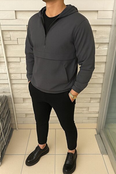 comstar Чоловічий плащ без підкладки з кишенями-кенгуру та блискавкою, колір димчасто-сірий