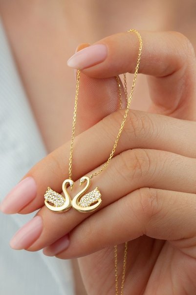 SAKLI TAKI 925 Ayar Gümüş Zirkon Taşlı Çift Kuğu Kolye
