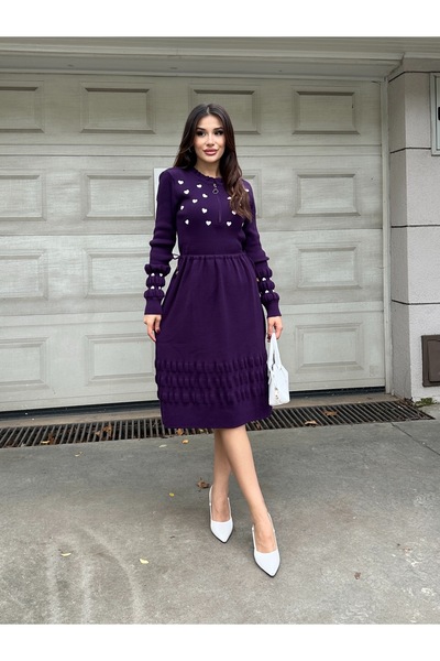 ikomteks Kalp Nakışlı Şık Triko Elbise