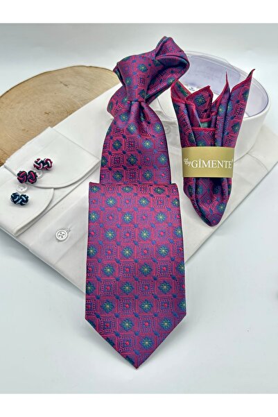 Gutiero Claret Red Patterned Classic Tie with Handkerchief