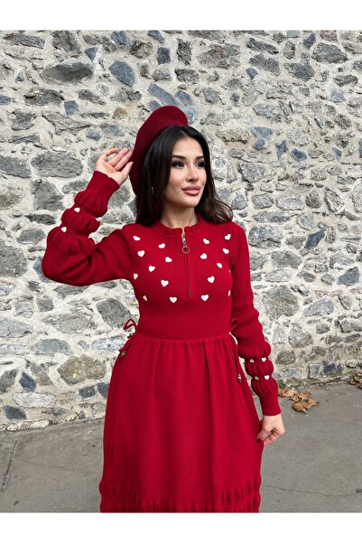 ikomteks Stylish Knitwear Dress with Heart Embroidery