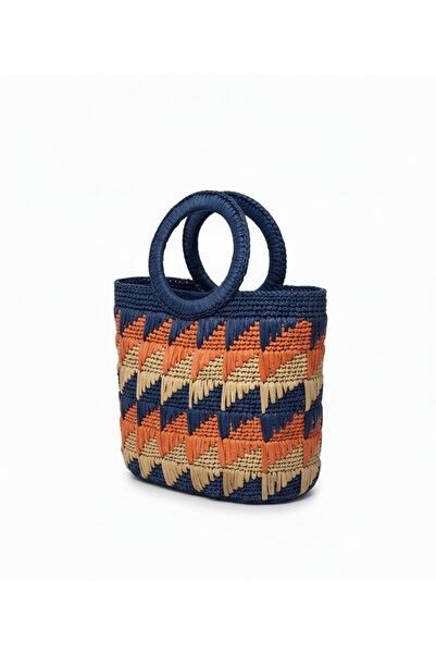 Nafta Navy Blue, Orange and Beige Colored Patterned Round Handle Paper Bag | ...