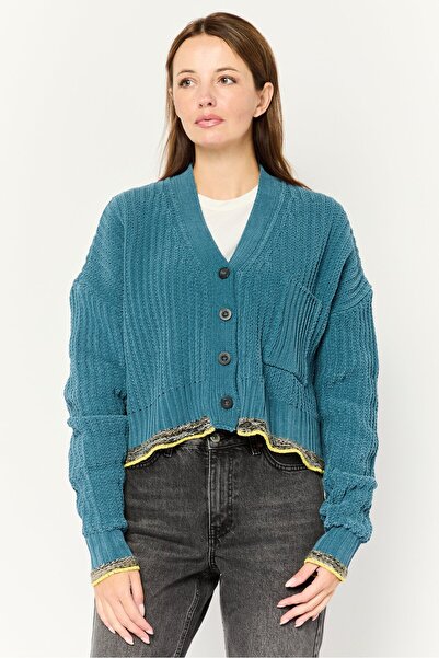 Diesel Women V-Neck Crochet Cardigan, Teal