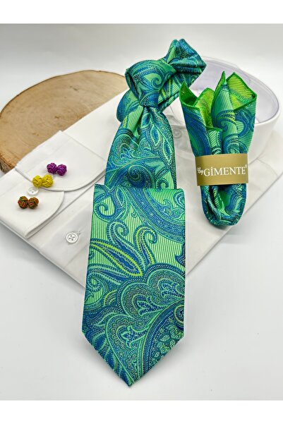 Gutiero Classic Tie with Green Paisley Patterned Handkerchief
