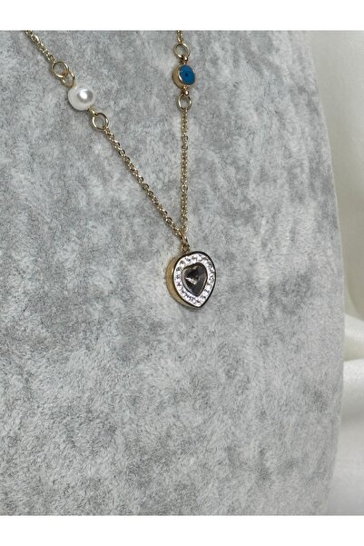 Uzak Işıklar Steel Necklace Heart Evil Eye Beaded Zircon Gold