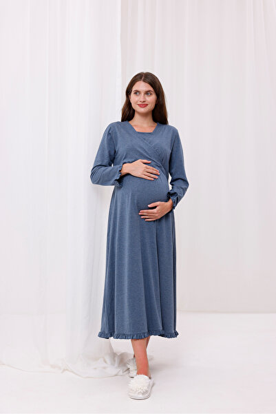 Yulem Homewear Anthracite Double-Breasted Cotton Long Sleeve Maternity Pajamas Set and Nightgown 4-Piece Set