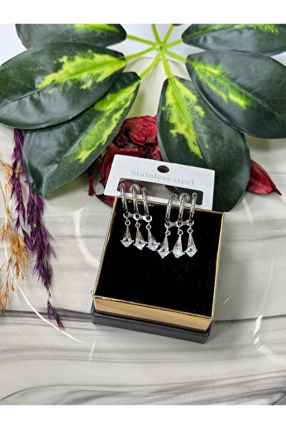 VLDORO Silver Multi Steel Earring Set with Zircon Stone Pyramid Detail