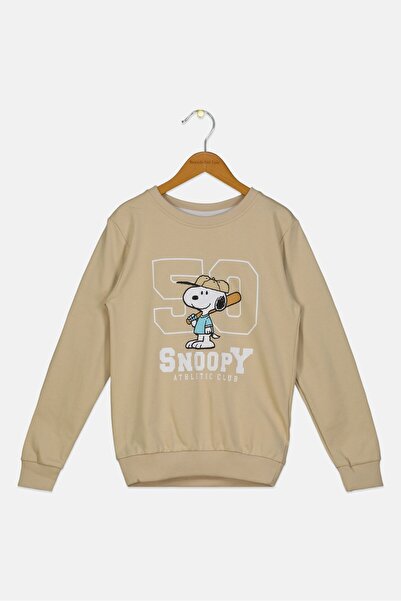 PEANUTS Kids Boy Crew Neck Long Sleeve Graphic Print Sweatshirt, Beige