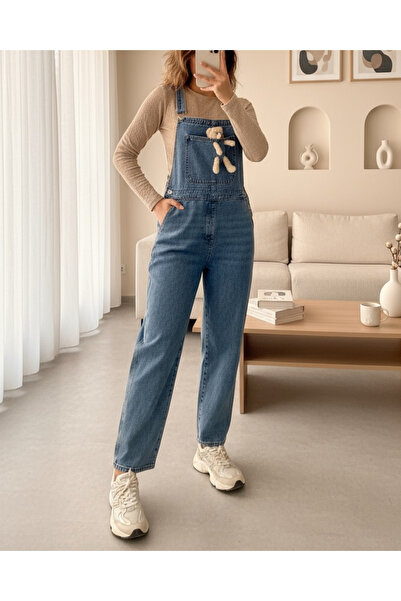 MissRunin Ayıcık Detaylı Askılı Yanları Düğmeli Kot Tulum