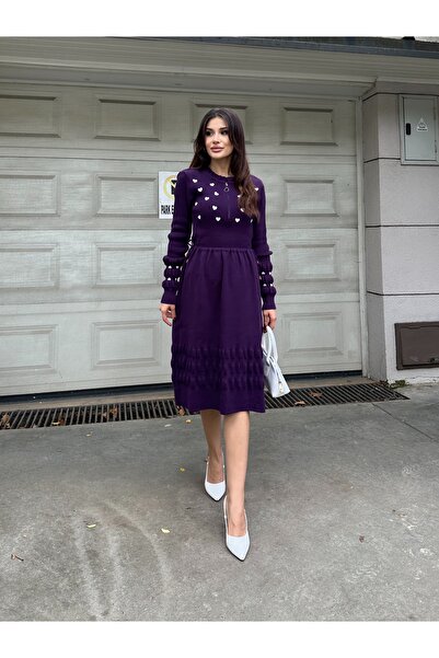 ikomteks Kalp Nakışlı Şık Triko Elbise