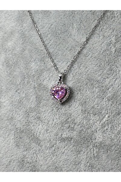 Uzak Işıklar Steel Necklace Silver Heart with Zircon Pink Stone