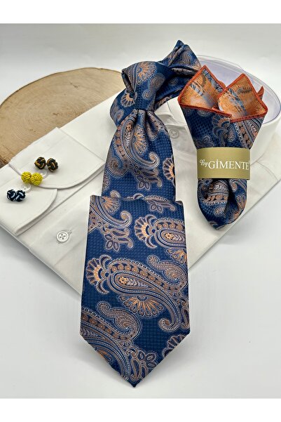 Gutiero Navy Blue Patterned Classic Tie with Handkerchief