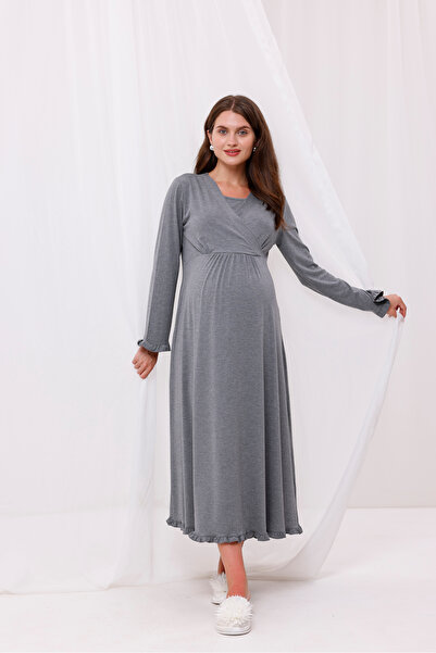 Yulem Homewear Smoked Double-Breasted Cotton Long Sleeve Maternity Pajamas Set and Nightgown 4-Piece Set