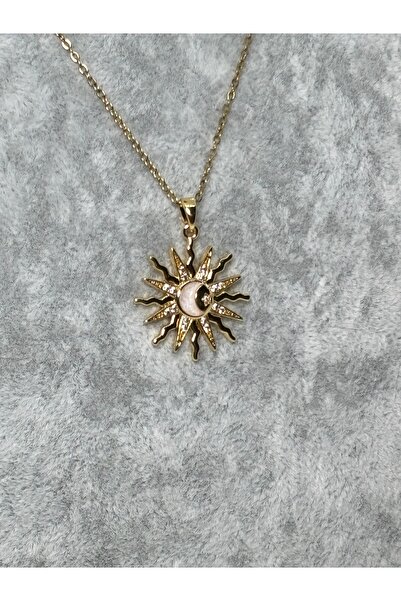 Uzak Işıklar Steel Necklace Moon Star Sun Zircon Stone Gold