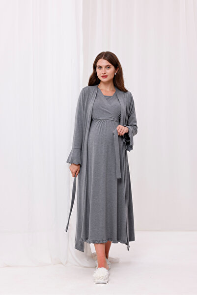 Yulem Homewear Smoked Double-Breasted Cotton Long Sleeve Maternity Pajamas Set and Nightgown 4-Piece Set