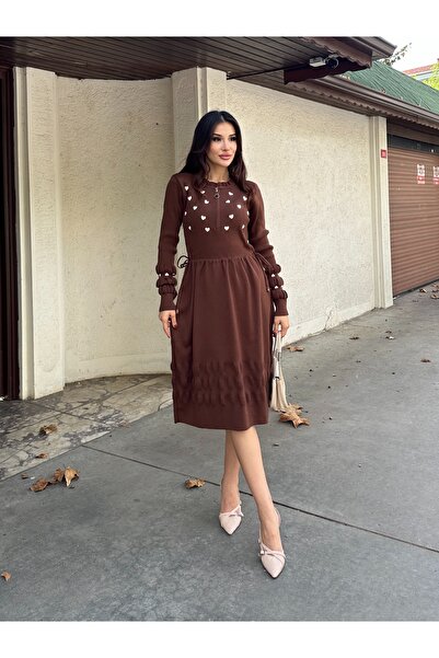 ikomteks Kalp Nakışlı Şık Triko Elbise