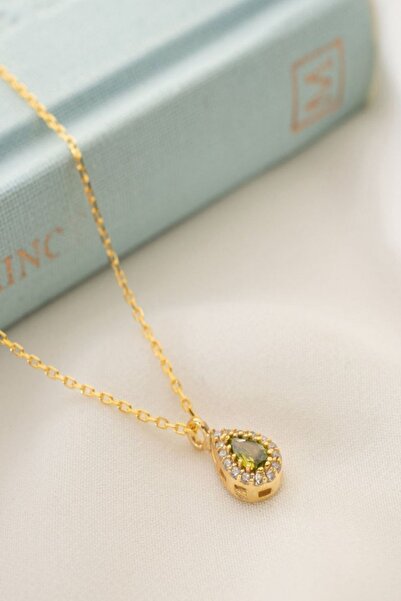 925 Ayar Gümüş Ağustos Ayı Doğum Taşı ( Peridot ) Damla Kolye