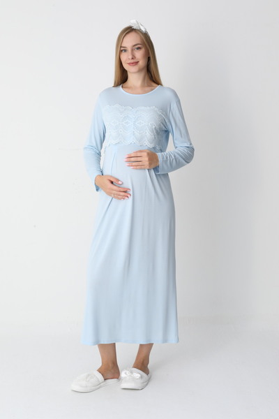 Lohussa Women's Blue Special Lace Detailed Full Length Design Winter Long Sleeve Maternity Nightgown Nightdress Set