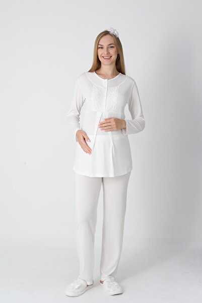 Lohussa Ecru Jacquard Shawl Collar Special Design Winter Long Sleeve 100% Cotton Maternity Dressing Gown Pajama Set 3-Piece Set