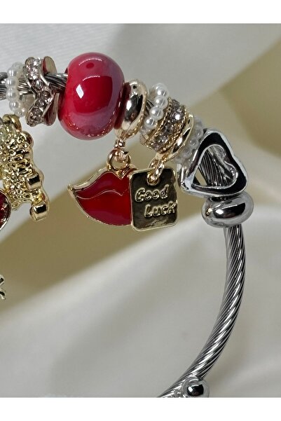 Uzak Işıklar Charm Mixed Model Steel Bracelet Silver Red