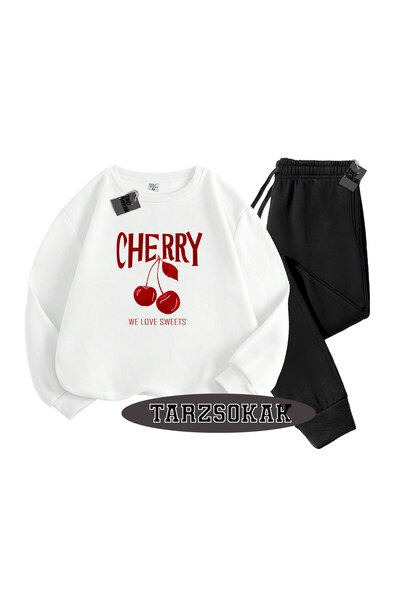 Tarzsokak Set alb bicolor cu detalii cireșe