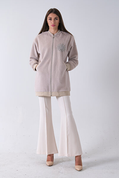 Feminist Üzeri Taş Detaylı Yandan Cepli Peluş Hırka Taş 4701420