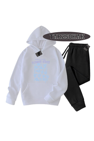 Tarzsokak Λευκό σετ με κουκούλα και λεπτομέρεια λουλουδιών, διπλό σετ