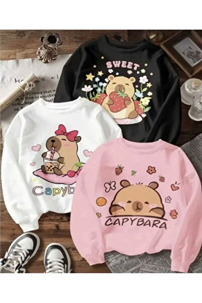 No Plan Kız çocuk sweat cappybara baskılı pembe-beyaz-siyah 3lü Sweatshirt