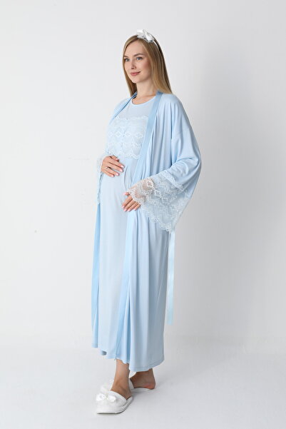 Lohussa Women's Blue Special Lace Detailed Full Length Design Winter Long Sleeve Maternity Nightgown Nightdress Set