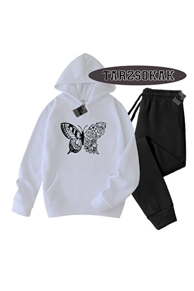 Tarzsokak Λευκό σετ με κουκούλα και λεπτομέρεια λουλουδιών πεταλούδας, διπλό σετ