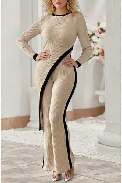 EyesOf Women's Long Sleeve Crew Neck Asymmetrical Cutout Blouse Raster Camisole Blouse and Pants Double