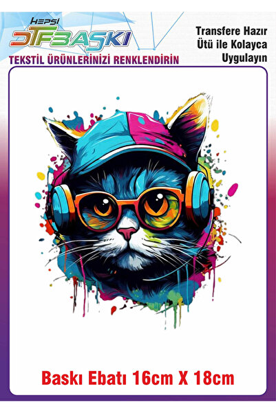 F17 Ajans Müzik Dinleyen Kedi Ütü ile Yapışan Kumaş Tekstil Kıyafet Dtf Baskı