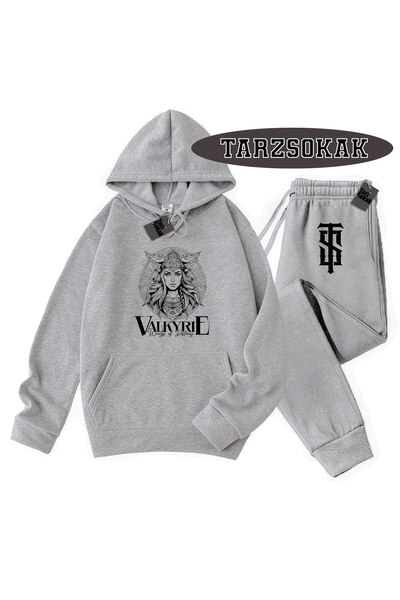 Tarzsokak Γκρι φούτερ με κουκούλα και λεπτομέρεια βαλκανικού στυλ, διπλό ΣΕΤ