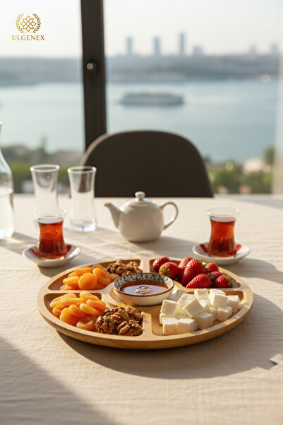 Ulgenex 5 Bölmeli Ahşap Sunum Tabağı Kahvaltılık , Çerezlik, Sunumluk Bambu Yuvarlak Tahta