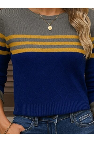 Meleners Women's Long Sleeve Crew Neck Multicolor Knitwear Blouse